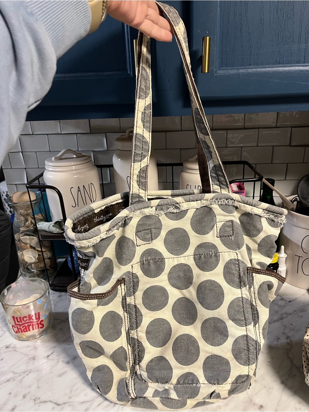 Thirty One Canvas Polka Dot Tote Bag with Embroidered initial C - Gray & Cream - Picture 2 of 6